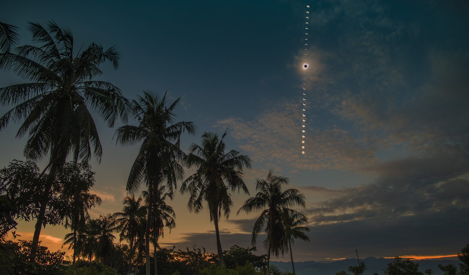 Fases del eclipse entre palmeras · Indonesia, 2016