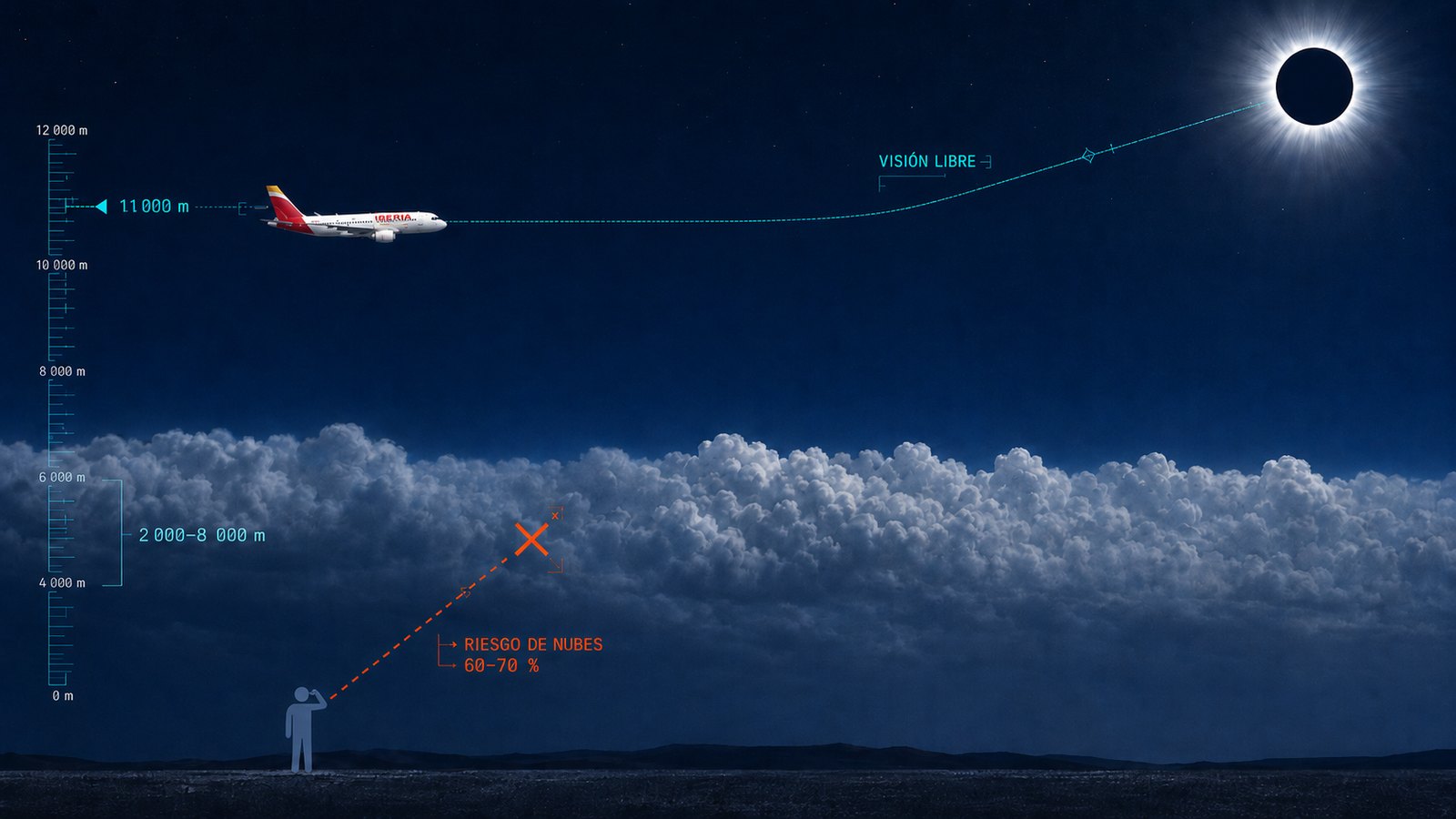 Comparativa: observador en tierra bloqueado por nubes frente a avión con visión libre