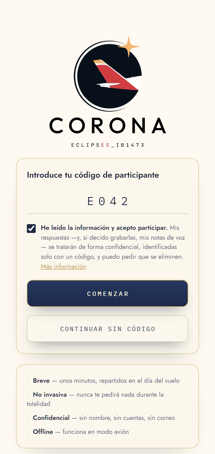 CORONA antes del vuelo: pantalla de bienvenida donde introduces tu código de participante