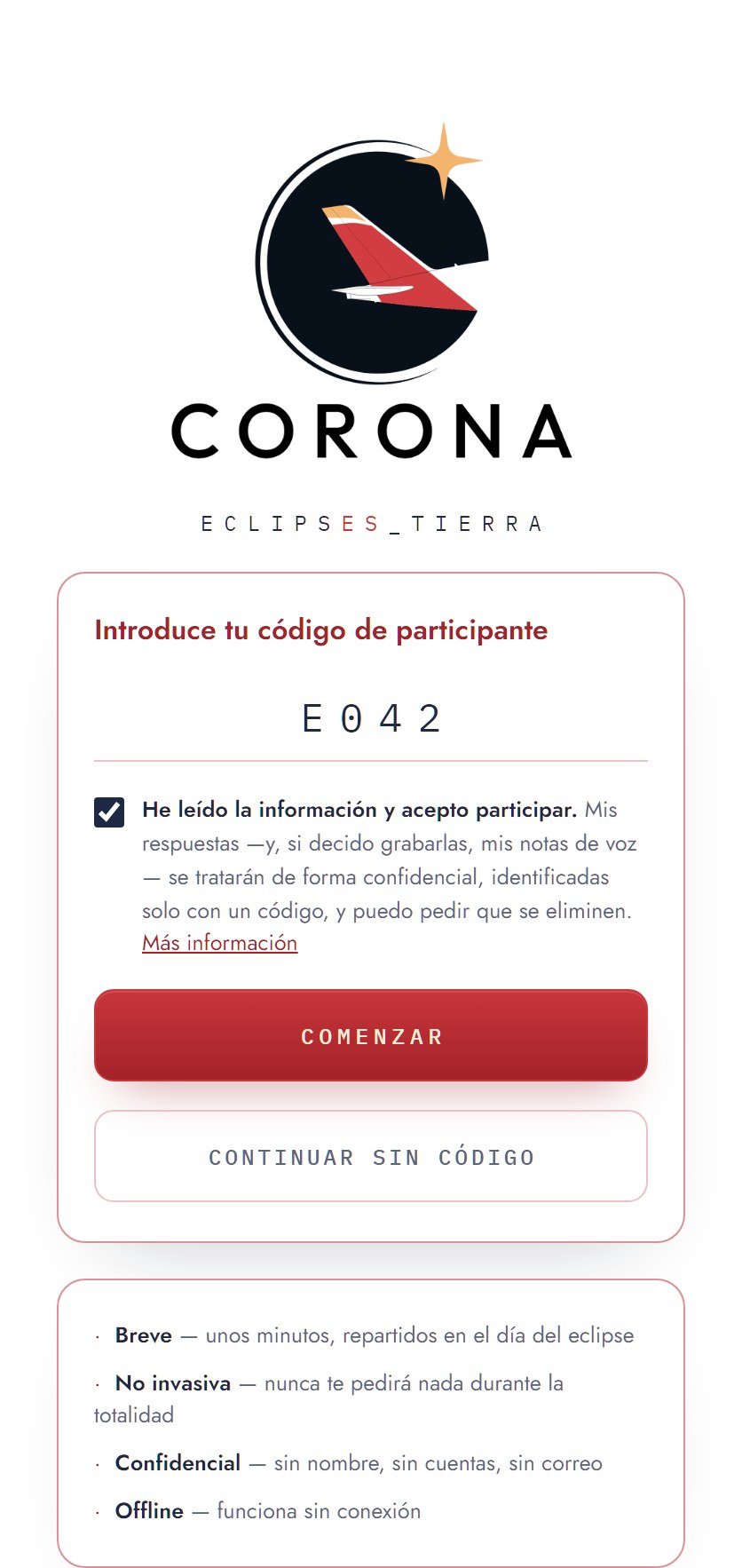 Portada de CORONA · TIERRA, la versión del cuestionario para quien sigue el eclipse desde el suelo